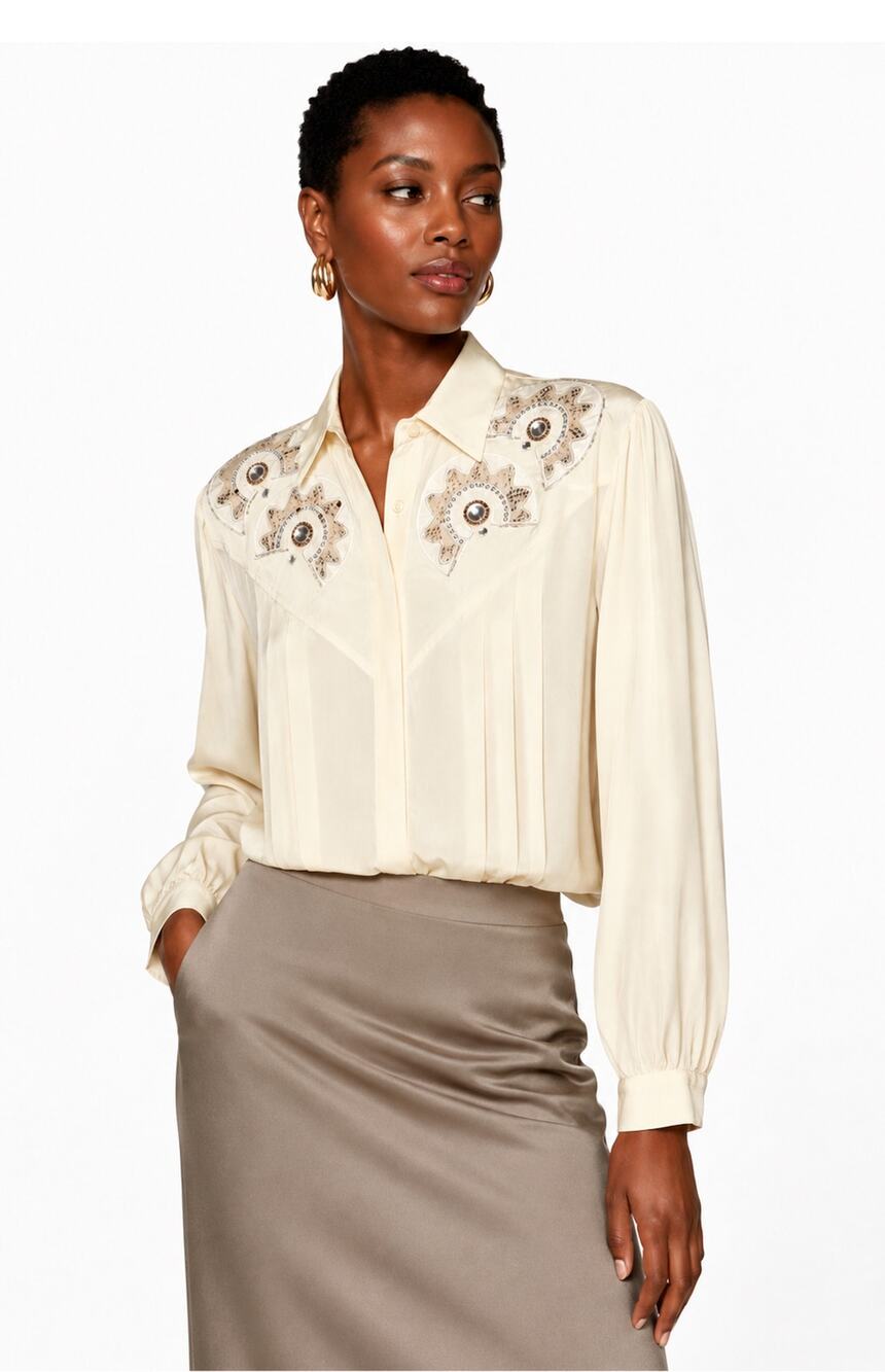 Vintage 80s Ivory Silk Tuxedo Blouse Beaded Rhinestone Appliqué Hidden Placket